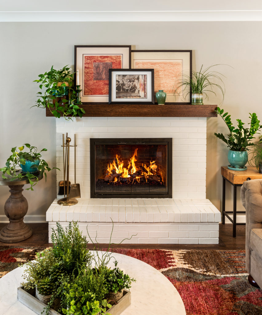 cozy fireplace with wood burning surrounded by plants