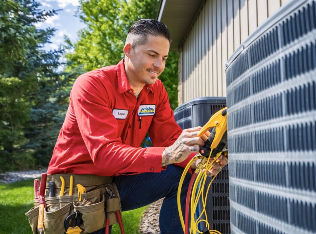 AC repair technician working on service for Southeast Idaho home.